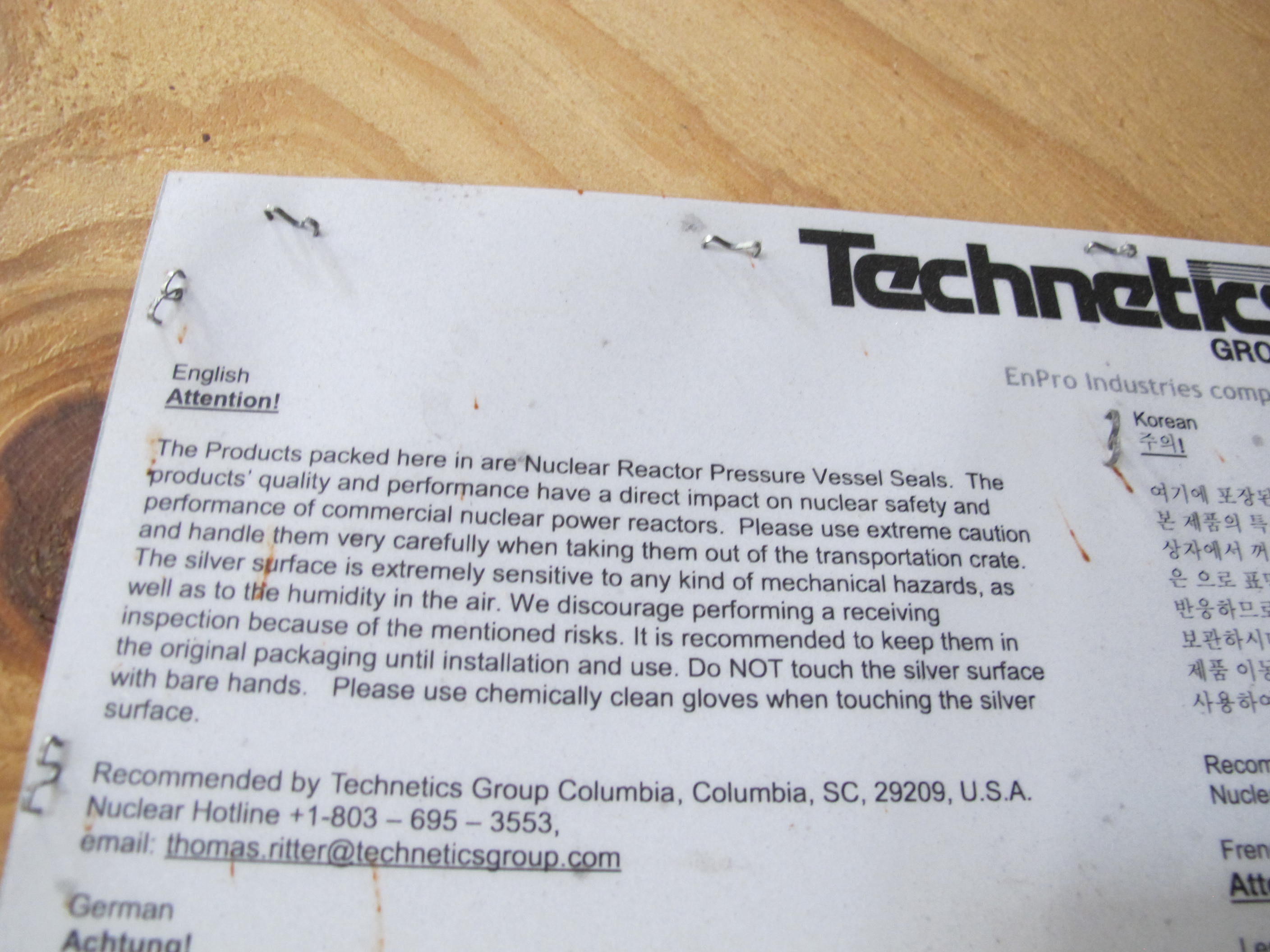 (4) TECHNETICS GROUP, SILVER MATERIAL O-RINGS/NUCLEAR REACTOR PRESSURE VESSEL SEALS, SILVER MELTING SEAL. LOADING & HANDLING FEE $30-4603